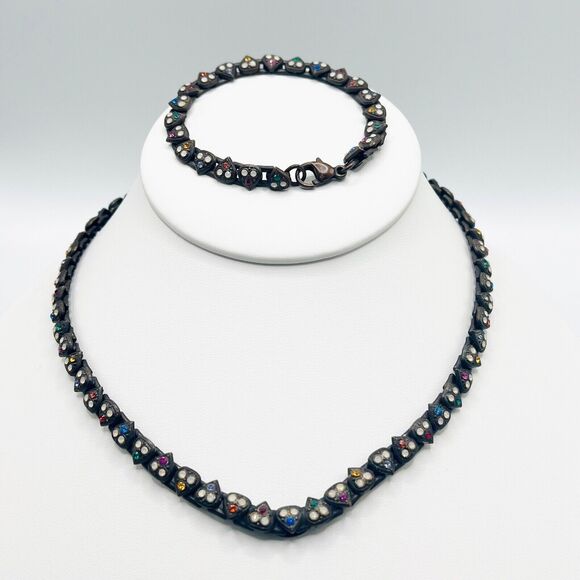 Sorrelli Necklace Bracelet Set Rhinestone Heart Link Statement Signed - Picture 1 of 11